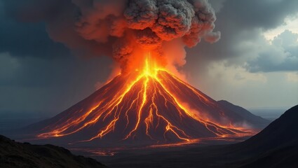 Volcanic eruption; fiery mountain spewing lava