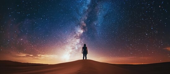 Obraz premium A solitary silhouette gazing upon the galactic tapestry in the desert vastness