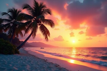 White sand beach, palm trees silhouette against sunset , silhouette, trees