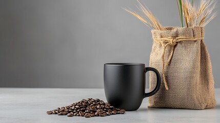 Dark mug with coffee beans and a burlap sack