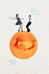 3D collage poster template trend artwork sketch of discoball couple young lady man dance pinup...