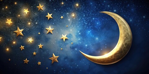 Naklejka premium A serene night sky with a golden crescent moon and twinkling stars against a dark blue background , astronomy, starry night