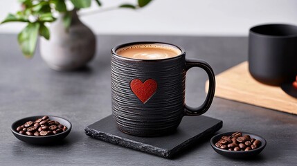 Dark mug with heart shaped decoration, coffee and beans