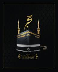 Kaaba Hajj Illustration with Arabic Calligraphy and Islamic Prayer – Hajj Mubarak Design. Ideal for celebrating pilgrimage and promoting spiritual messages during Dhul Hijjah and Eid al-Adha.