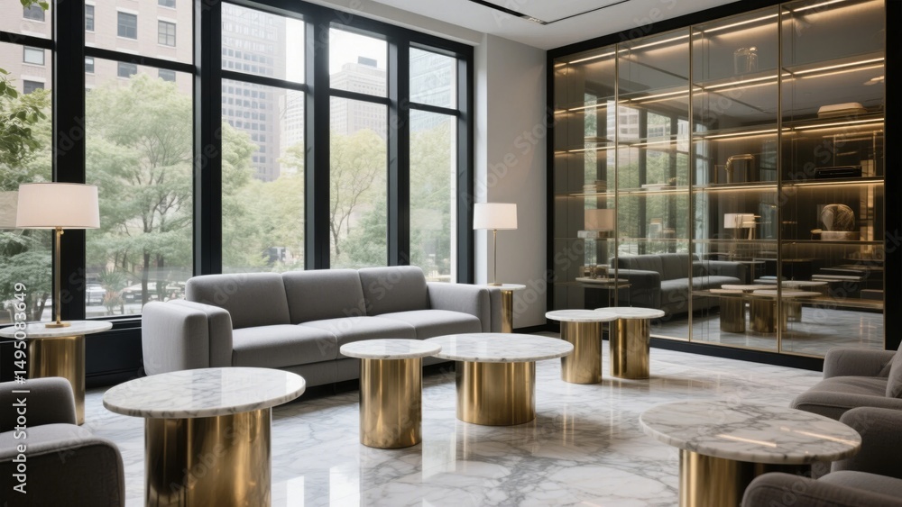 Poster modern lobby with marble tables and large windows