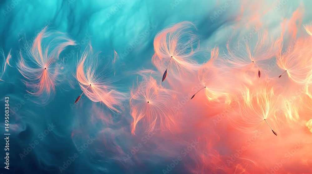 Poster abstract image of dandelion seeds floating in a colorful, ethereal background