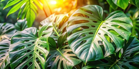 Obraz premium Monstera albo borsigiana plant with large holes in leaves, Tropical, Variegated Monstera, Tropical, Variegated Monstera