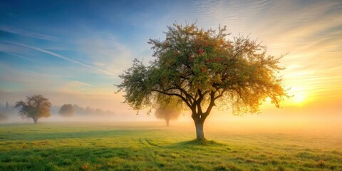 Fototapeta premium A serene apple tree stands alone in a misty orchard at dawn, autumn, forest, autumn, forest