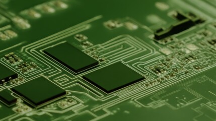 A macro photograph of a battery management system PCB, olive green board, intricate surface-mount components, heavy copper paths, straight top-down perspective, neutral industrial background.