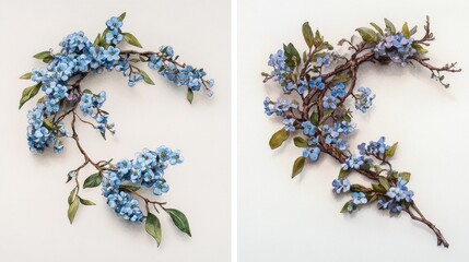 Two artistic arrangements of delicate blue flowers and branches.