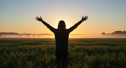 Silhouetted figure with arms outstretched, embracing a misty sunrise over a verdant field