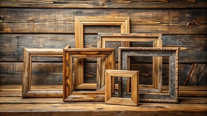 Vintage wooden frames stacked on a rustic wooden table