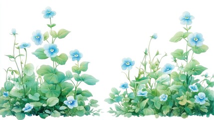 Two clusters of delicate light blue flowers with green foliage.