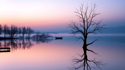 Landscape Wallpaper Lake Reflection Bare Tree Boat Morning Mist Tranquil Scenery
