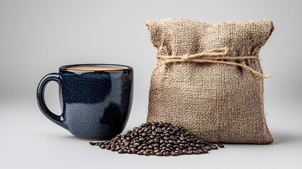 Dark roasted coffee beans in burlap sack with ceramic mug