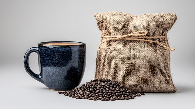 Dark roasted coffee beans in burlap sack with ceramic mug
