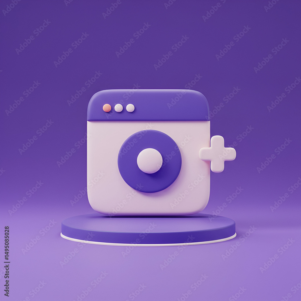 Poster a vibrant 3d render of a stylized social media camera icon, featuring a simple design with a plus ic
