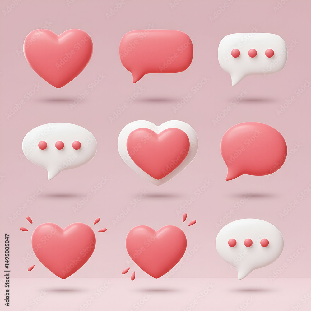 Poster 3d rendered collection of heart and speech bubble icons in a soft pink color scheme. set of communic