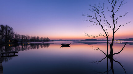 Landscape Wallpaper Lake Reflection Bare Tree Boat Morning Mist Tranquil Scenery