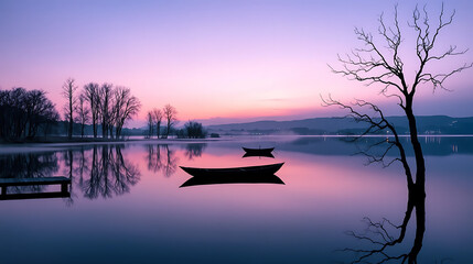 Landscape Wallpaper Lake Reflection Bare Tree Boat Morning Mist Tranquil Scenery