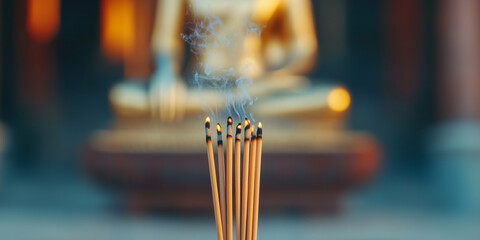 Obraz premium Burning incense sticks with Buddha statue. Buddhism and spiritual practice concept. Image for meditation centers, yoga studios and Vesak celebrations. Banner with copy space