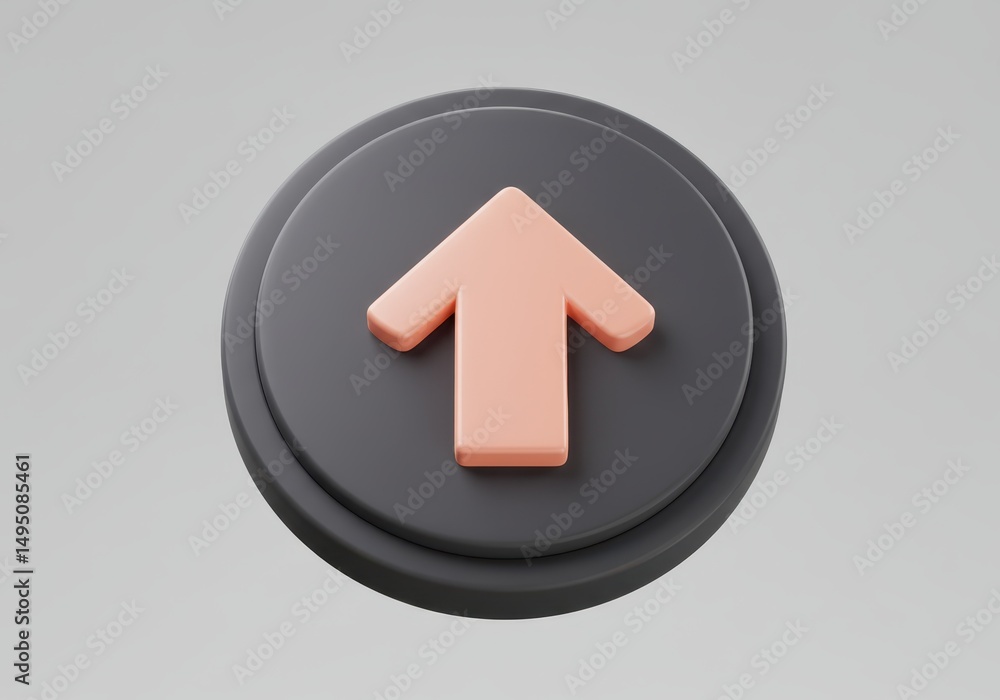 Poster 3d illustration of peach arrow pointing up on a gray circular base isolated on white background