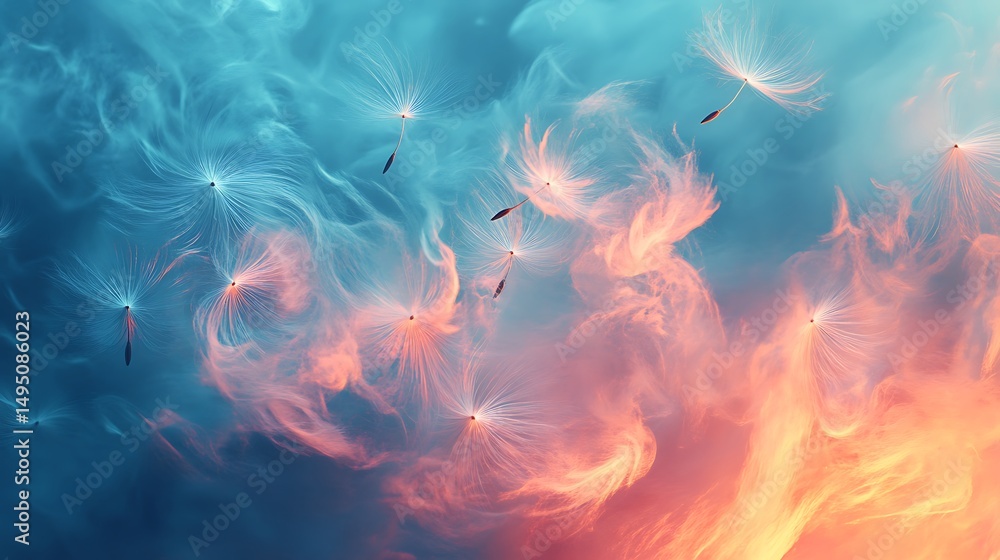 Poster abstract image of dandelion seeds floating in a colorful, ethereal background