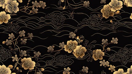 Ornate black and gold floral pattern design.