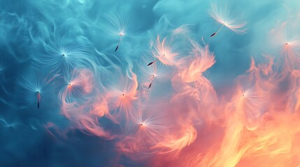 Abstract image of dandelion seeds floating in a colorful, ethereal background
