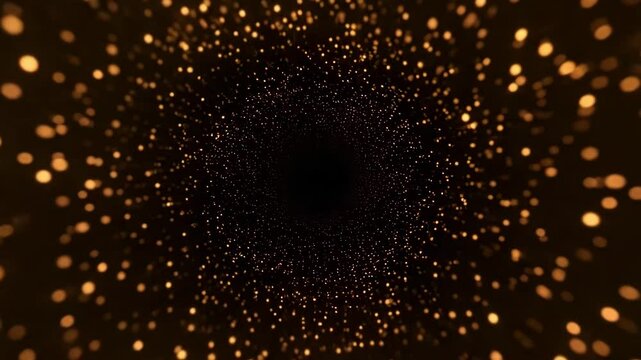 Endless stream of glowing golden particles traveling in horizontal motion with glitter effect on black background for festive visuals