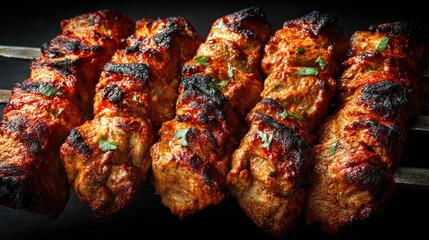 Grilled meat skewers with golden brown crust, barbecue feast close up view