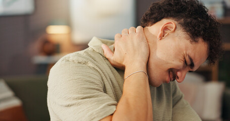 Neck pain, injury and man in home with posture problem, burnout or fibromyalgia in apartment....