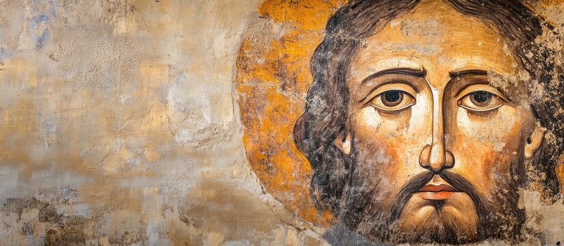 Ancient Christ fresco, church wall, religious art, faith