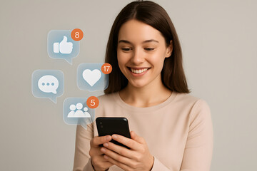 Fototapeta premium Digital Happiness: A young woman beams with joy as she scrolls through her smartphone, surrounded by virtual hearts, thumbs-up, and comments.