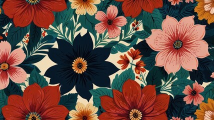 Vivid Floral pattern with deep greens, reds, and blues on a light beige canvas