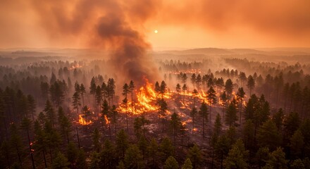 Aerial view of a large wildfire raging through a pine forest, engulfing trees and filling the sky with smoke and an orange haze