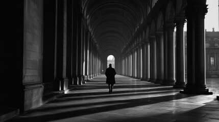 Solitary Figure in a Grand Colonnade: A Black and White Monochrome Masterpiece