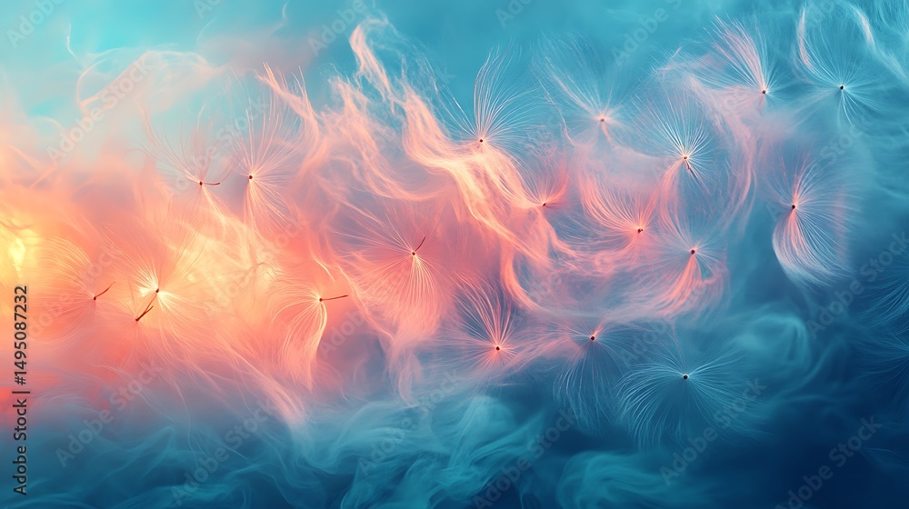 Poster abstract image of dandelion seeds floating in a colorful, ethereal background