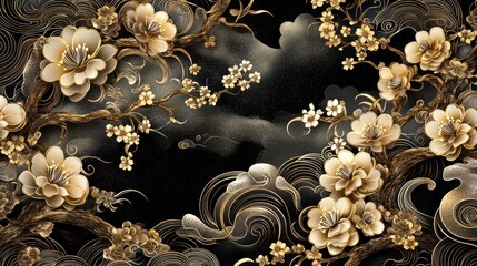 Ornate gold floral design on a dark background.