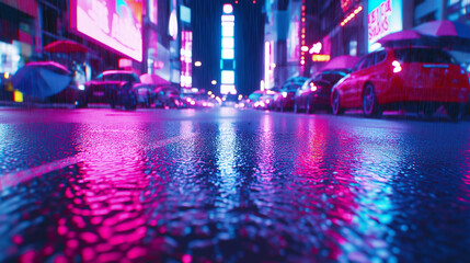 Neon-lit city street reflecting colorful lights on wet pavement during a rainstorm at night