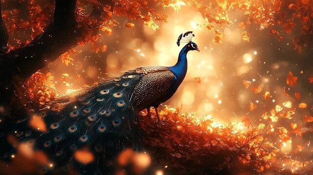 Peacock autumn forest magical scene