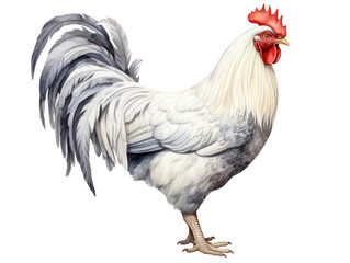Fototapeta premium Watercolor White Rooster with Black Feathers Clipart — Farm Animal Illustration on Transparent Background