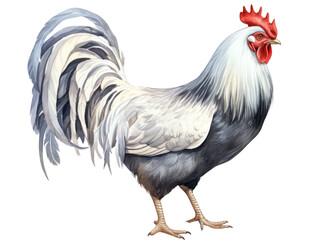 Fototapeta premium Watercolor White Rooster with Black Feathers Clipart — Farm Animal Illustration on Transparent Background