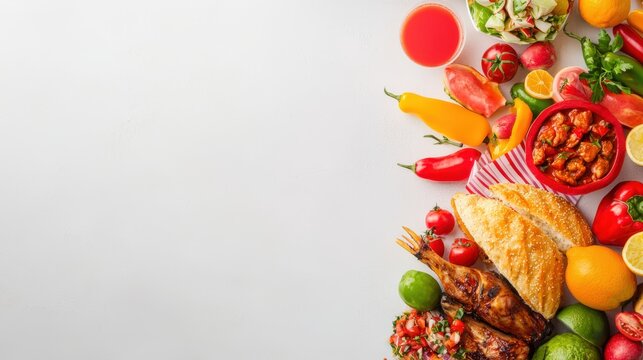 An array of vibrant culinary delights featu fresh produce, grilled meats, flavorful sauces, and crusty bread is beautifully arranged against a light surface.