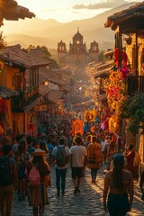 an Inti Raymi procession on cobblestone streets, participants carrying banners and symbols of the sun, crowds watching from decorated balconies