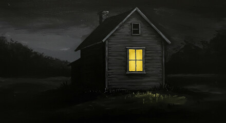 Mysterious House in the night: An old house radiates warmth from a single illuminated window against the dark night, set within a tranquil landscape, evoking a sense of intrigue and mystery.