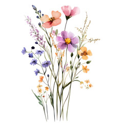 Watercolor Wildflowers Bunch Clipart — Hand-Painted Botanical Illustration on Transparent Background

