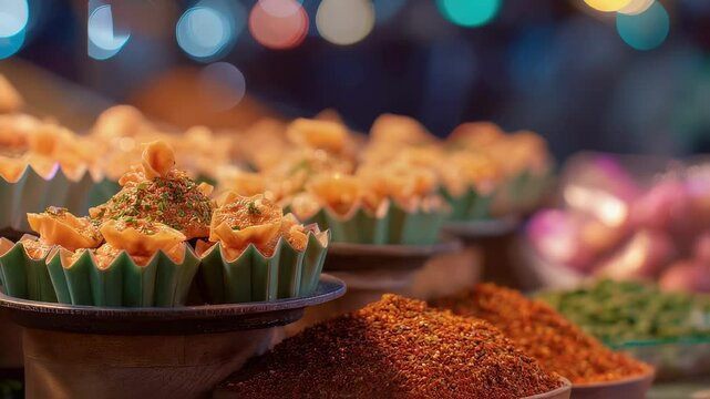 Small, crispy fried wontons seasoned with spices sit in green paper cups on a wooden stand at an asian night market, next to a pile of red chili flakes and other spices