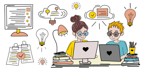 Colorful doodle-style illustration of two students or freelancers working on laptops, surrounded by icons of ideas, tasks, books, and cloud tech. Ideal for e-learning.