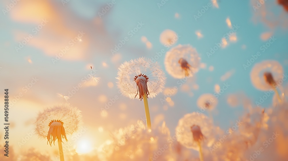 Poster abstract image of dandelion seeds floating in a colorful, ethereal background